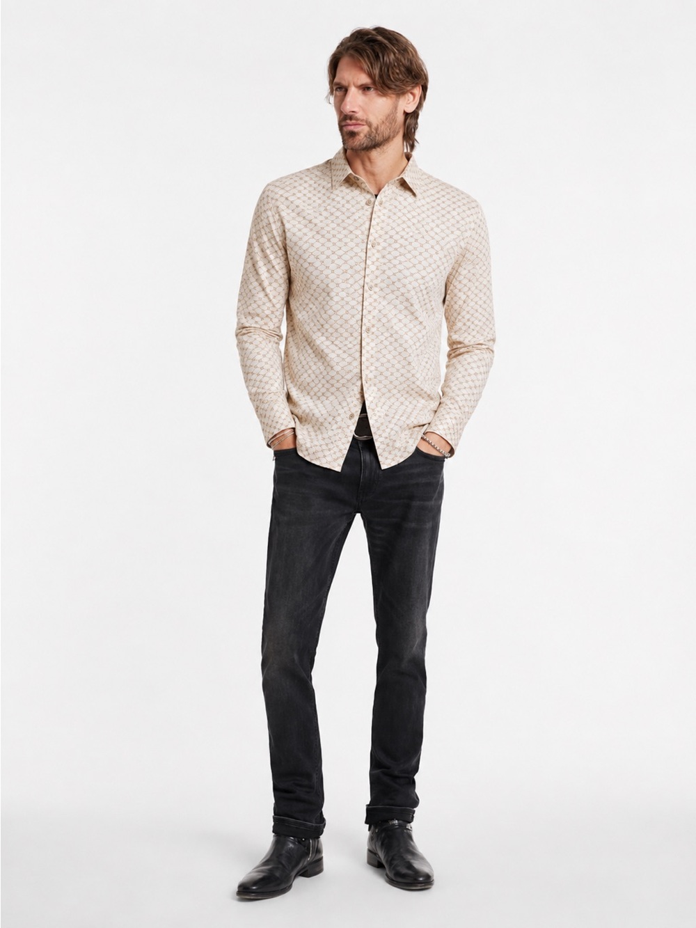 John Varvatos Ross Slim Fit Skull Argyle Cotton Shirt Men’s L Beige